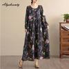 Plus Size Spring Autumn Women Baggy Dress O Neck Floral Print Vintage Oversized Dress Long Sleeve Retro Midi Cotton Dress