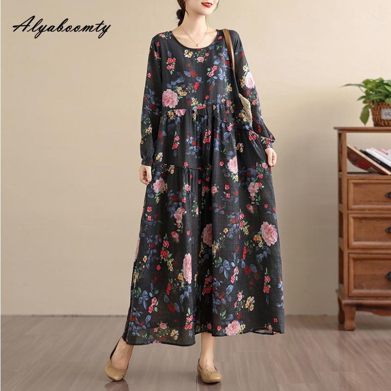 Plus Size Spring Autumn Women Baggy Dress O Neck Floral Print Vintage Oversized Dress Long Sleeve Retro Midi Cotton Dress