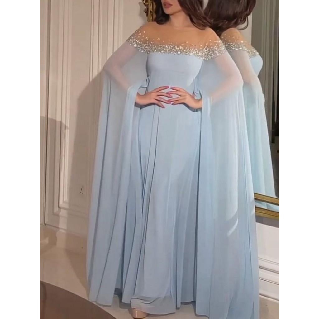 Women Elegant Round Neck Rhinestone Pearl Long Sleeves Kaftan Middle East Bride Bridesmaids Wedding Long Dress Gorgeous Party Maxi Ball Gowns
