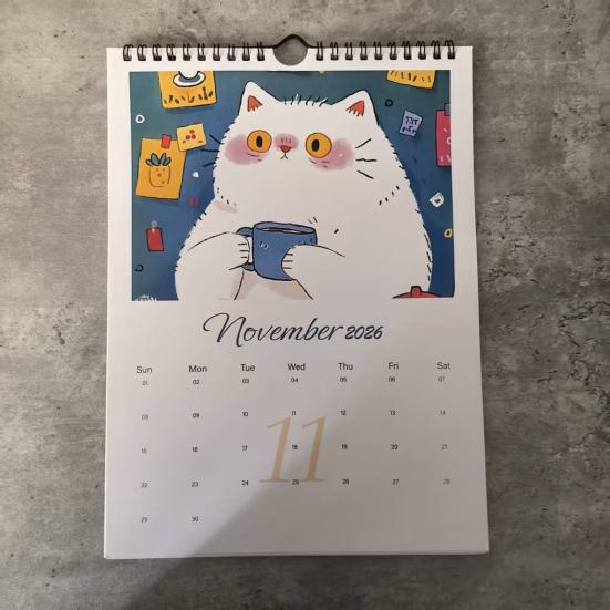 2026 Hand-Painted Cat Wall Calendar 12-Month Planner Feline Illustrations Thick Paper Calendar Gift for Pet Lovers