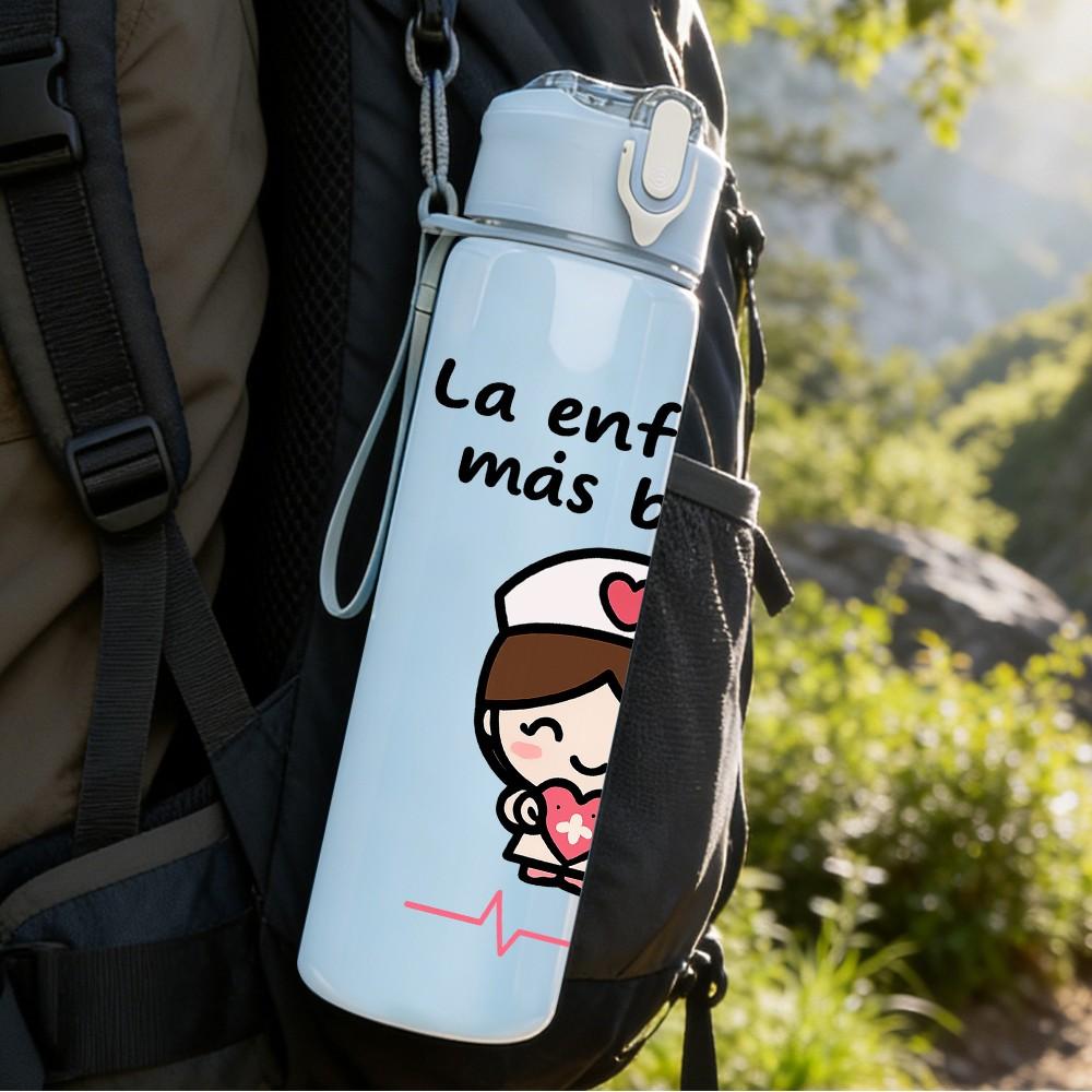 1PC La Enfermera Nurse Cartoon 750ml Color Plastic Sports Water Bottle Leakproof Flip Straw Lid Suitable for Sports Office Home Use