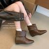 Inner heightening western boots women's new autumn single boots retro versatile square head folded two wear thin short boots