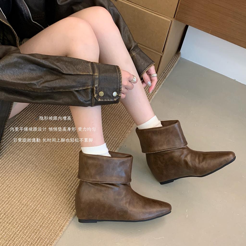 Inner heightening western boots women's new autumn single boots retro versatile square head folded two wear thin short boots