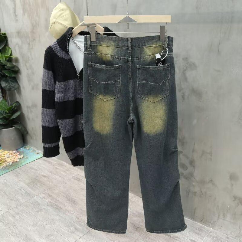 Autumn Straight Leg Jeans Men'S Washed Casual Trendy Brand High Street Design Sense, Rugged And Handsome Retro Pleated Floor Length Pants