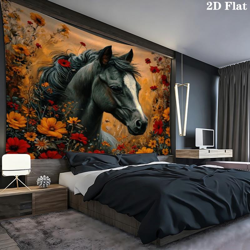 Dark Horse with Wild Flowers Tapestry, Floral Horse Portrait Art Print Wall Hanging for Bedroom Living Room Home Decor