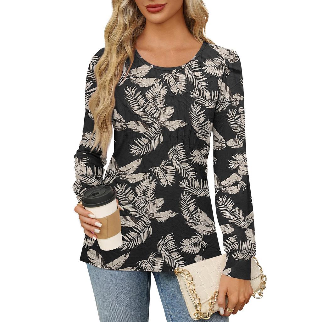 Рубашки с длинным рукавом для женщин, футболки с милым принтом и графикой, блузки, нарядные повседневные блузки, плиссированные топы-туники с овальным вырезом