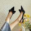Cow Leather Pointed Toe Stiletto High Heels Autumn Summer Slip On Shoes Bowtie Decorations Women Shallow Sandals
