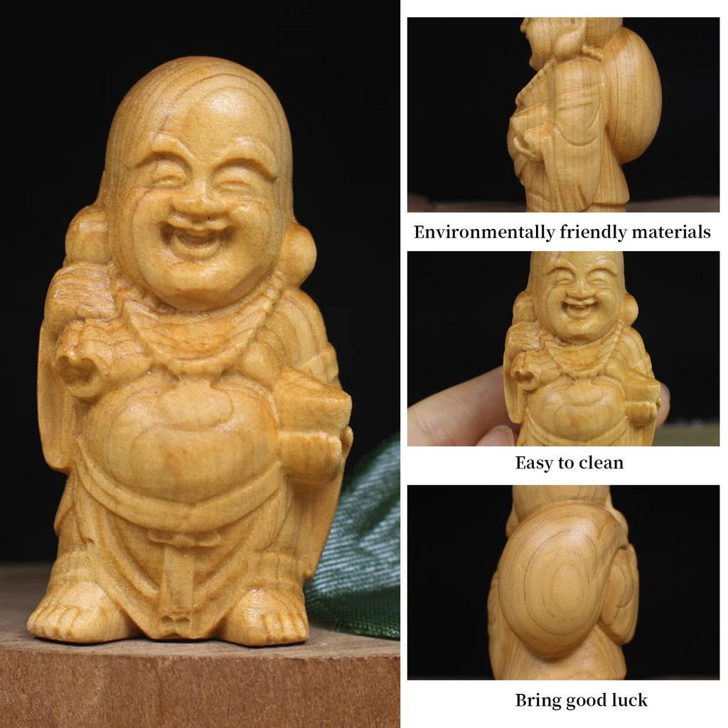 Hotei Buddha Wood Seven Lucky Hotei Maitreya Improves Good Feng Shui Interior Gift Statue, Carving, Gods, Ornament, Wooden, Mini, Bodhisattva, Object,
