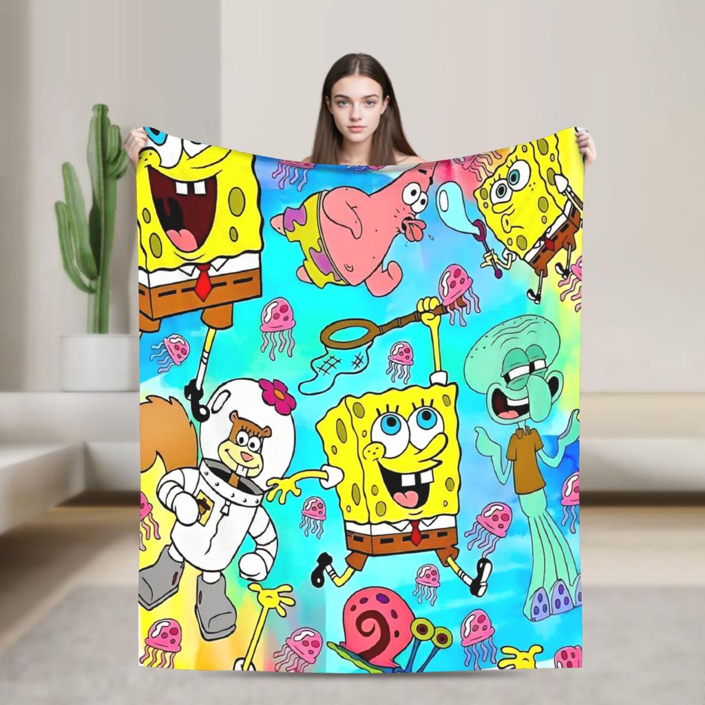 Cartoon Animated Blanket Cover SpongeBob SquarePants Fleece Throw Blankets Bedding Couch Portable Ultra-Soft Warm Bedspreads