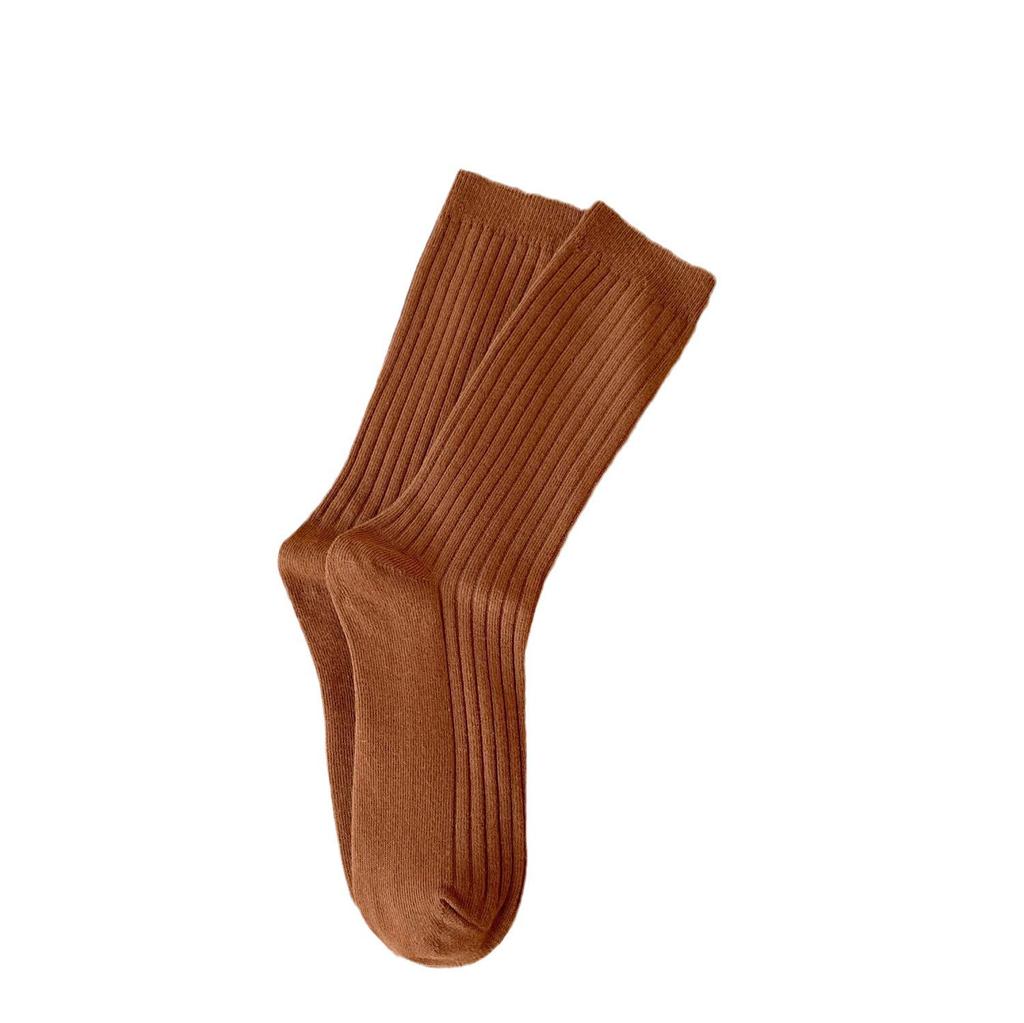 Women's Pure Cotton Mid-Calf Socks, Korean Style Trendy Solid Color, Double-Needle, Autumn/Winter Vertical Stripe, Knee-High Slouch Socks