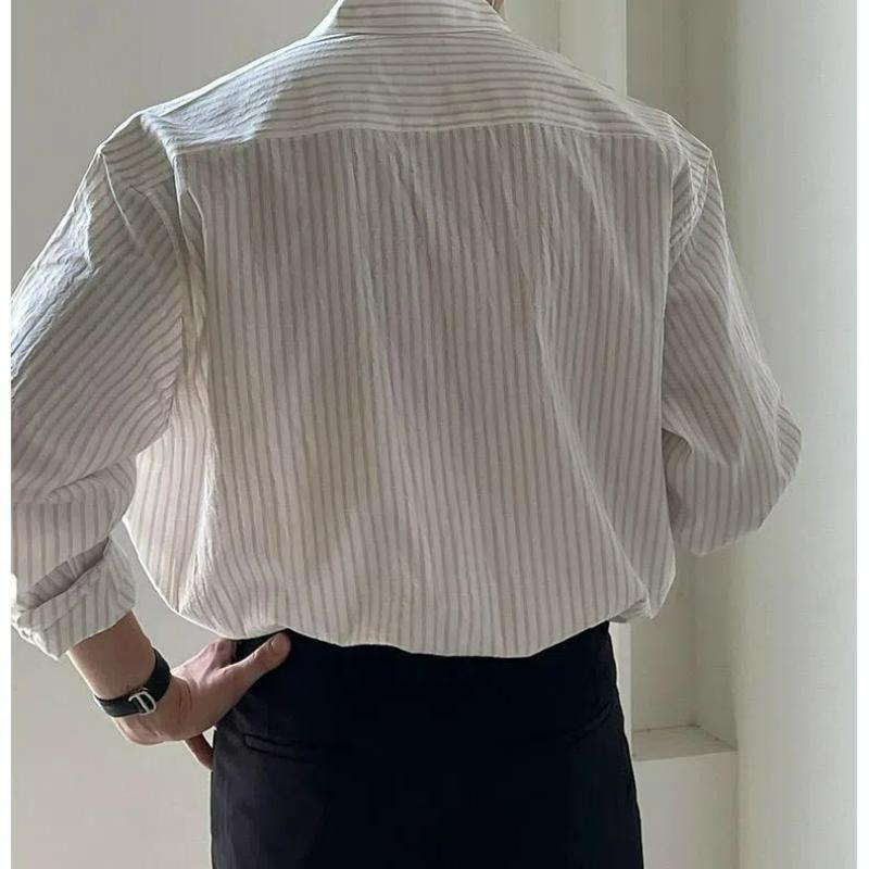 Мужская винтажная мода в японском стиле, полосатая рубашка в стиле business casual, весна-лето, с лацканами, с длинным рукавом, свободные топы, мужские рубашки