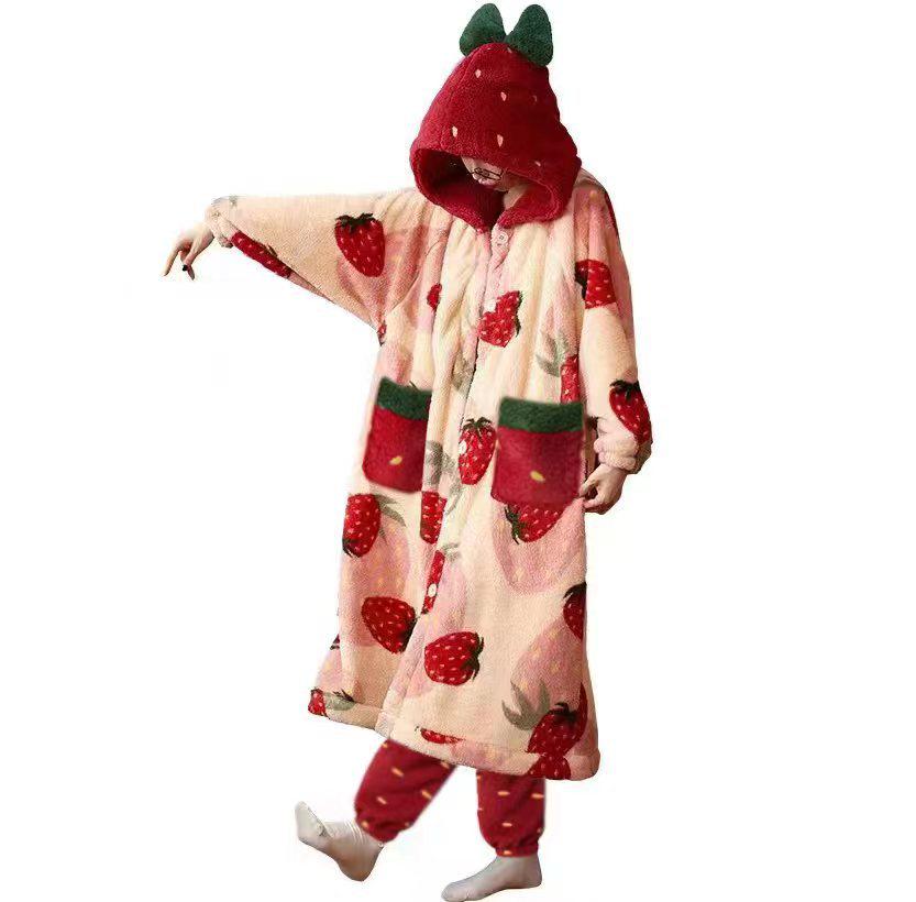 2023 Sweet Strawberry Плотный коралловый флисовый халат-комплект - Cozy Home Loungewear