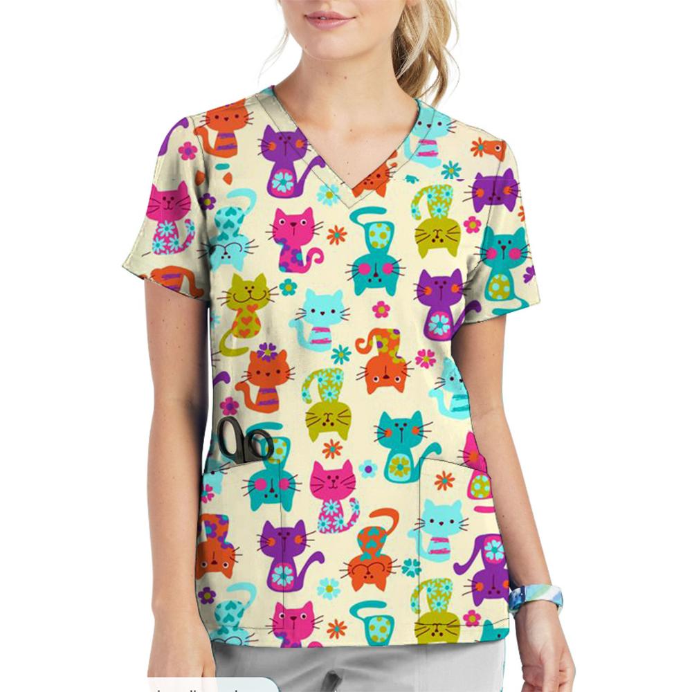 Animal Printed Pet Clinic Vet Work Uniforms Women Nurse Accessories Hospital Doctor Nursing T-Shirt Medical Scrubs Clothes Tops