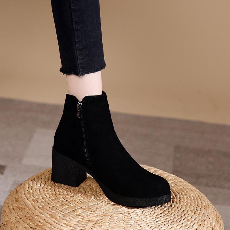 Осень толстый каблук большой размер темперамент британские короткие ботинки Мартин круглый носок европейские и американские замшевые средний каблук короткие ботинки женские