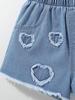 Цельные джинсовые шорты для девочек, облегающего кроя, в корейском стиле, модные и универсальные, с рваным подолом с узором в виде сердечек, синий эластичный пояс.