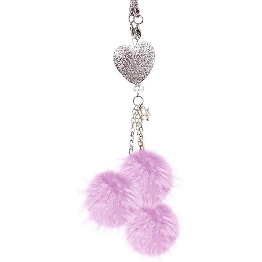 Bling Heart Rhinestones Diamond Car Accessories, Cute Love Heart Plush Ball Car Mirror Hanging Accessories Lucky Rearview Mirror Charms Decorations