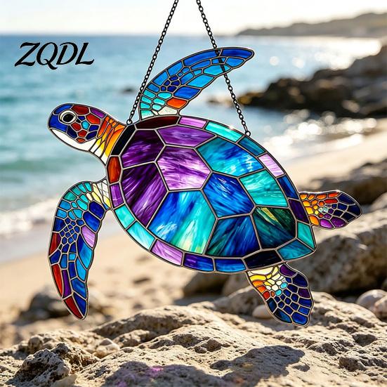 Ocean Themed Gifts for Women Sea Turtle Suncatcher, Acrylic Window Hanging Ornament, Faux Stained Glass Decorative Pendants Coastal Decor Lovers,
