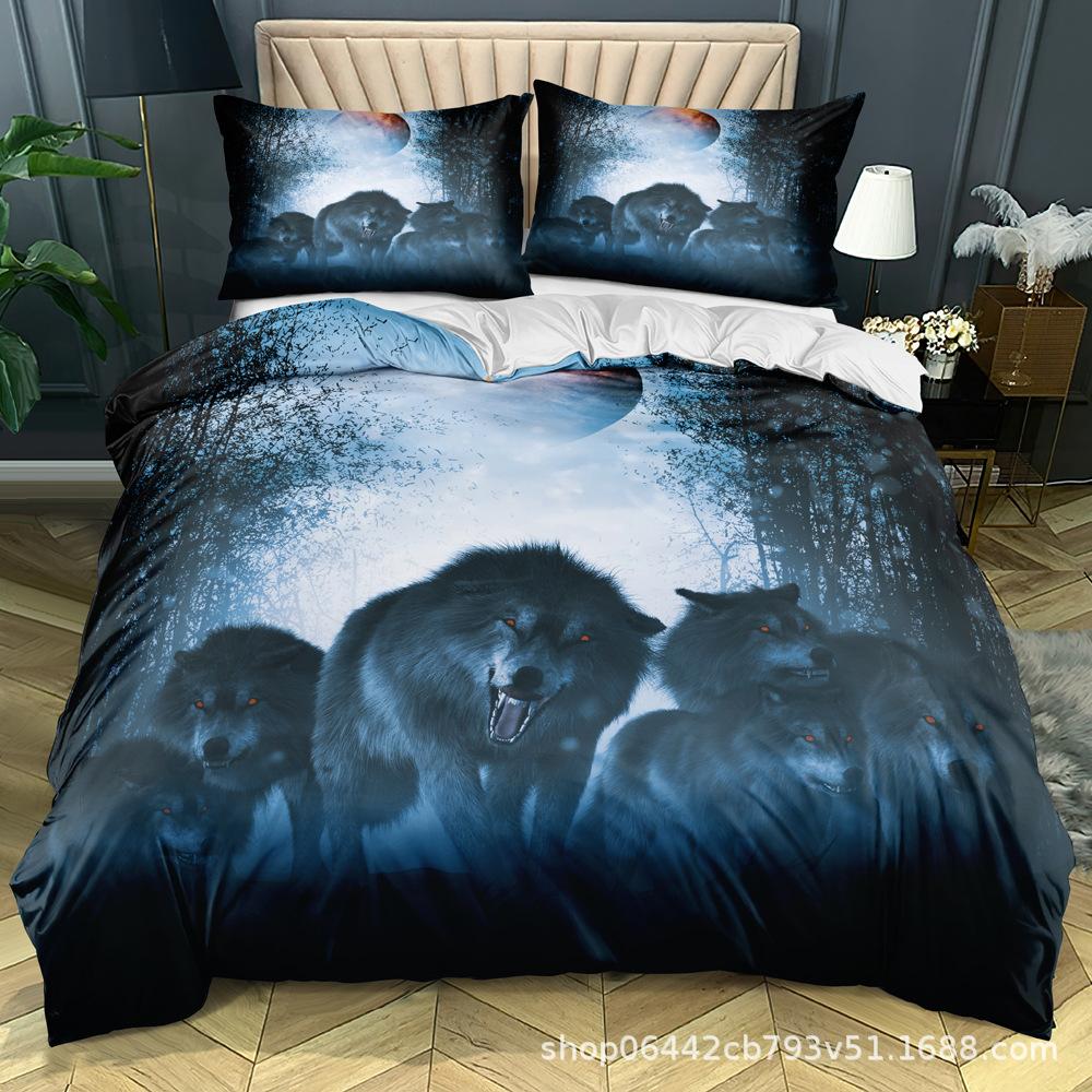 Wolf Themed Bedding Set with Animal Pattern Down Duvet and Pillowcase 2/3 Pieces of Microfiber Fabric Washable and Quick Drying Home Decoration
