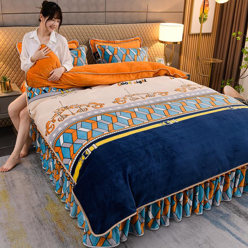 Плотная молочная бархатная юбка для кровати, набор из 4 предметов, плюшевый флис, зимний кристальный бархат, простыня, пододеяльник с юбкой, зимний постельный набор для уютного дома