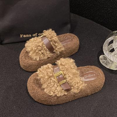 Однословные тапочки из овечьей шерсти на толстой подошве для женской верхней одежды 2025 осень-зима новая высококлассная повседневная декоративная универсальная обувь