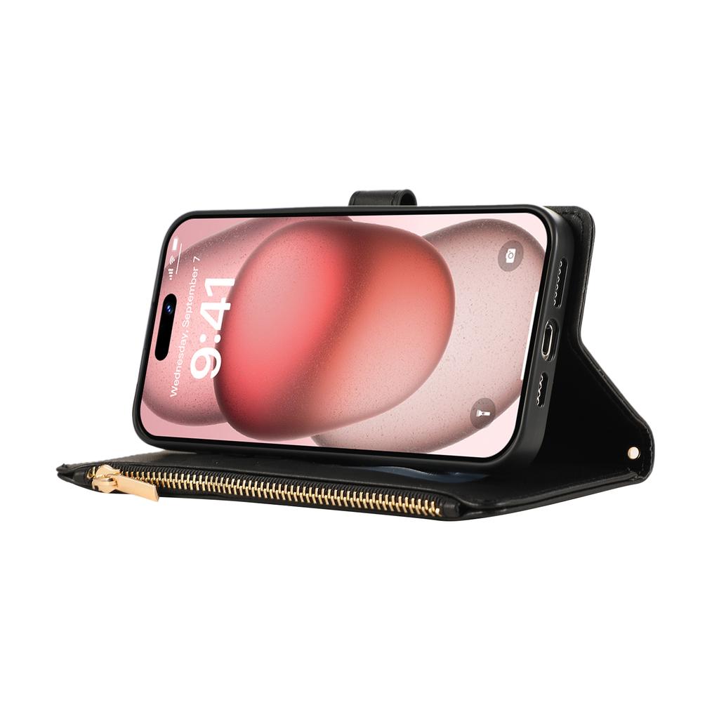 For iPhone 15 Pro Max Case Multi Card Slots Zipper Rhombus Leather Phone Cover with Wrist Strap