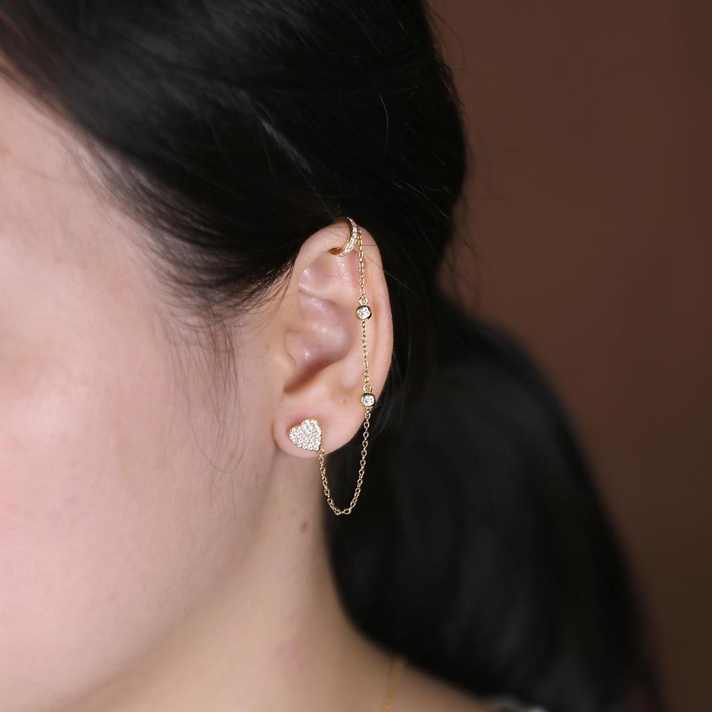 Серьги-каффы в форме сердца с цепочкой для крепления на хрящ, серьги-гвоздики с фианитами, набор из стерлингового серебра с позолотой 14 карат