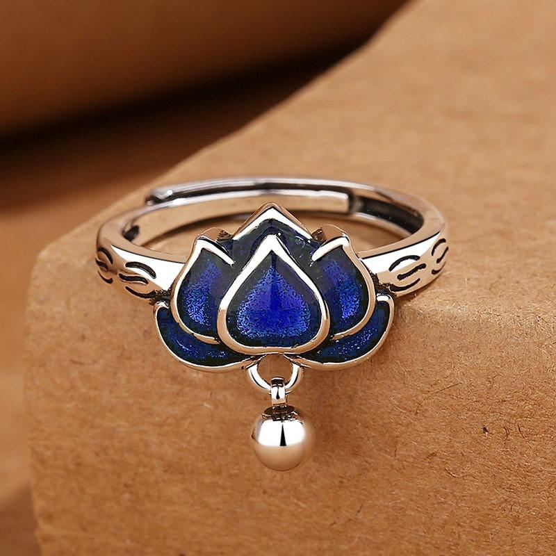 Adjustable Open Ring Women Men Vintage Floral Lotus Design Enamel Copper Jewelry Boho Chic Statement Accessory