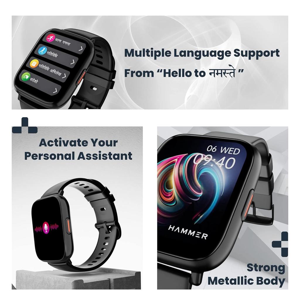 Hammer Fit+ 1.85" Calling Smart Watch for Men and Women with Built-in Games, Metallic Body, Voice Assistant, 100+ Customized Watch Faces (Black)