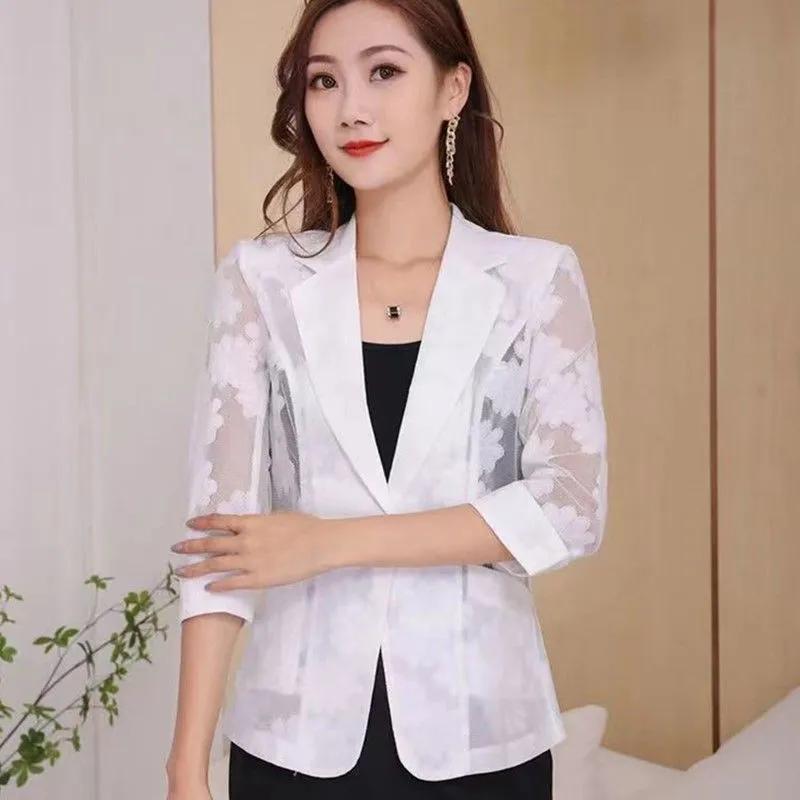 Women's Summer Lace Shorts Blazer Jacket Seven Sleeve Commuter Sun Shirt