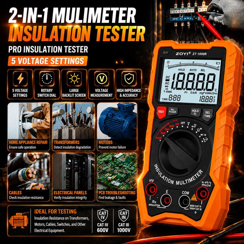 ZOYI High Precision Megohmmeter Multimeter 2-in-1 1000R Insulation Tester Electrician 1000V for New Energy Electrical