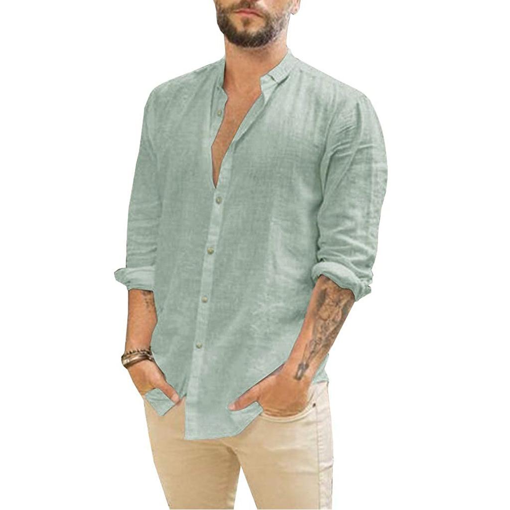 Мужская льняная повседневная рубашка с длинными рукавами без воротника с воротником-стойкой, летний топ