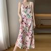 Женское шелковое атласное платье весна/лето с цветочным принтом на шее, подходящее к нему облегающее шелковое модное длинное платье без рукавов