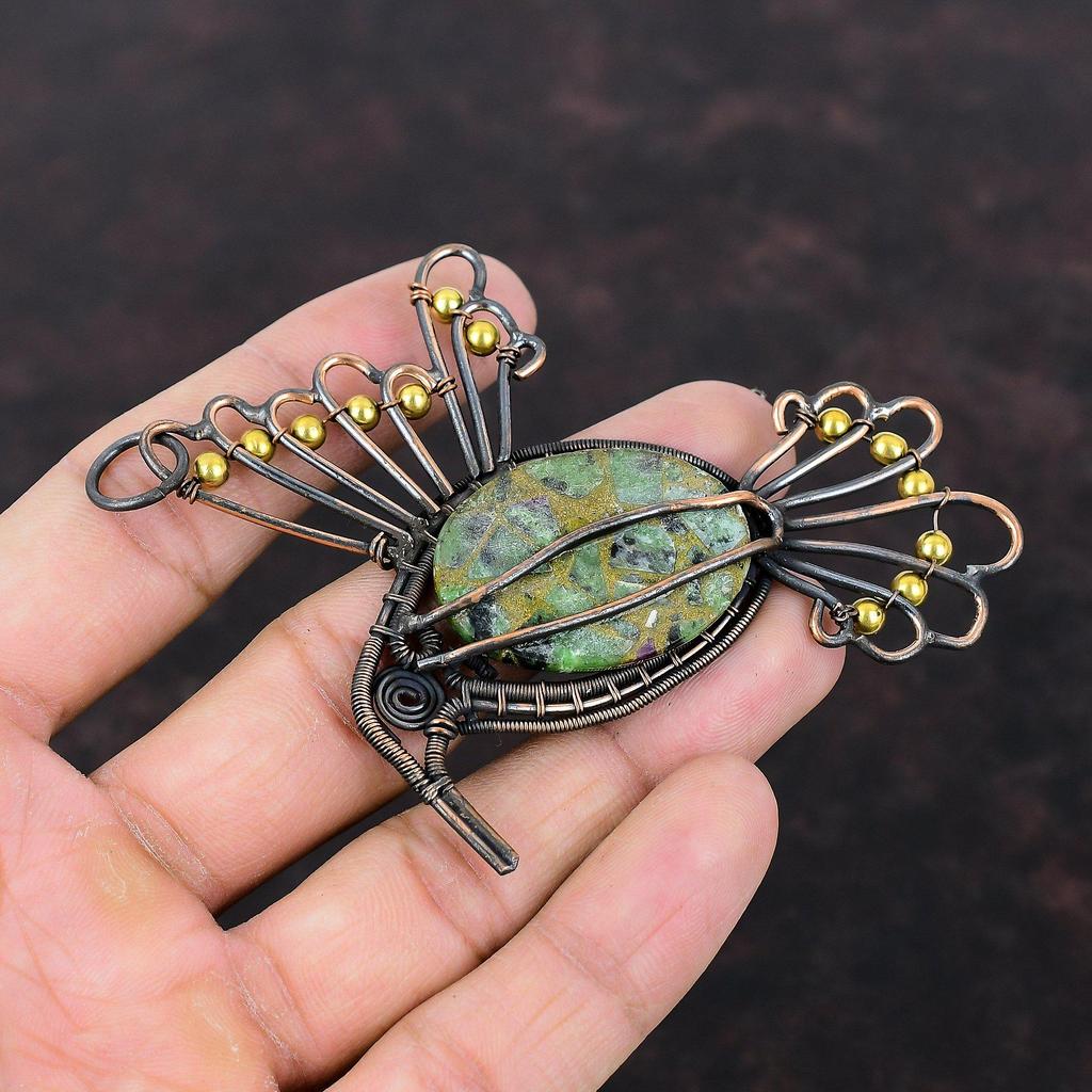 Медный рубиновый кулон с цоизитом, медная проволока, обернутая кулоном, рубиновый цоизит, ювелирное изделие, драгоценный камень, кулон с птицей ручной работы, медные украшения для подарка