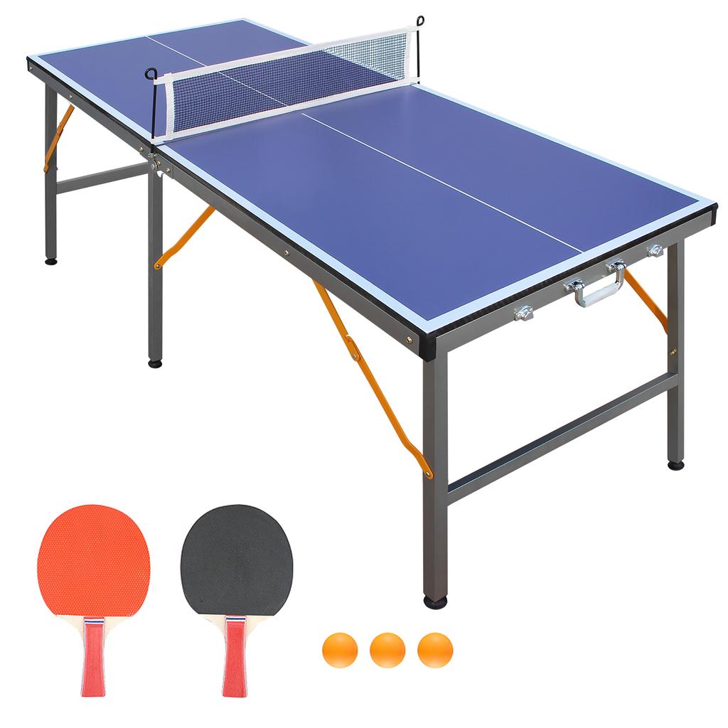 Foldable table tennis table with net and bat set, suitable for outdoor/indoor use, blue surface, includes 2 bats and 3 balls, stable 6-leg design
