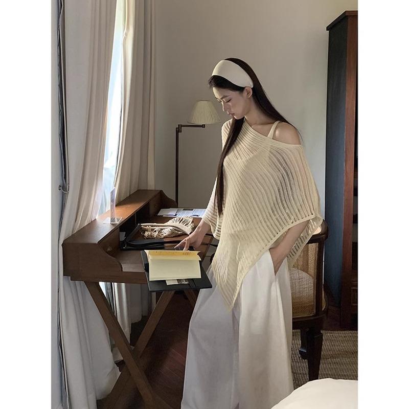 Летняя трикотажная солнцезащитная женская блузка с вырезом, прозрачный пуловер, свитер с рукавами «летучая мышь», шаль, свободный повседневный простой накидка, нестандартная длинная рубашка