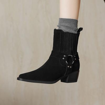 Мода 2025 Новая кожаная обувь Женская Натуральная Квадратный носок Высокий каблук Ботильоны Толстый квадратный каблук Слипоны Западные сапоги Ковбойские сапоги Женские