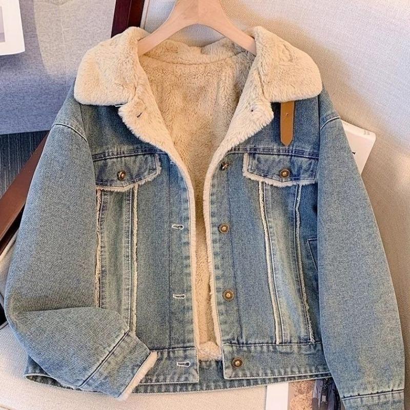 Зимняя винтажная джинсовая куртка с флисовой подкладкой, женская модная хлопковая подбитая куртка, повседневный темперамент в корейском стиле, ретро-куртка, пальто