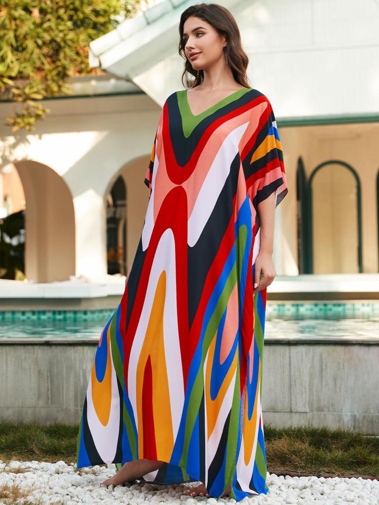 Свободный хлопковый халат большого размера с принтом - Пляжная накидка для женщин