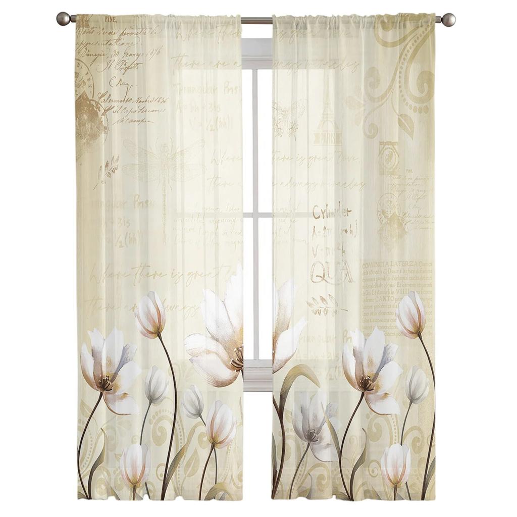 Flower Retro Tulip Plant Pastoral Style Bedroom Transparent Sheer Curtains Holiday Decoration Window Voile Tulle Curtain