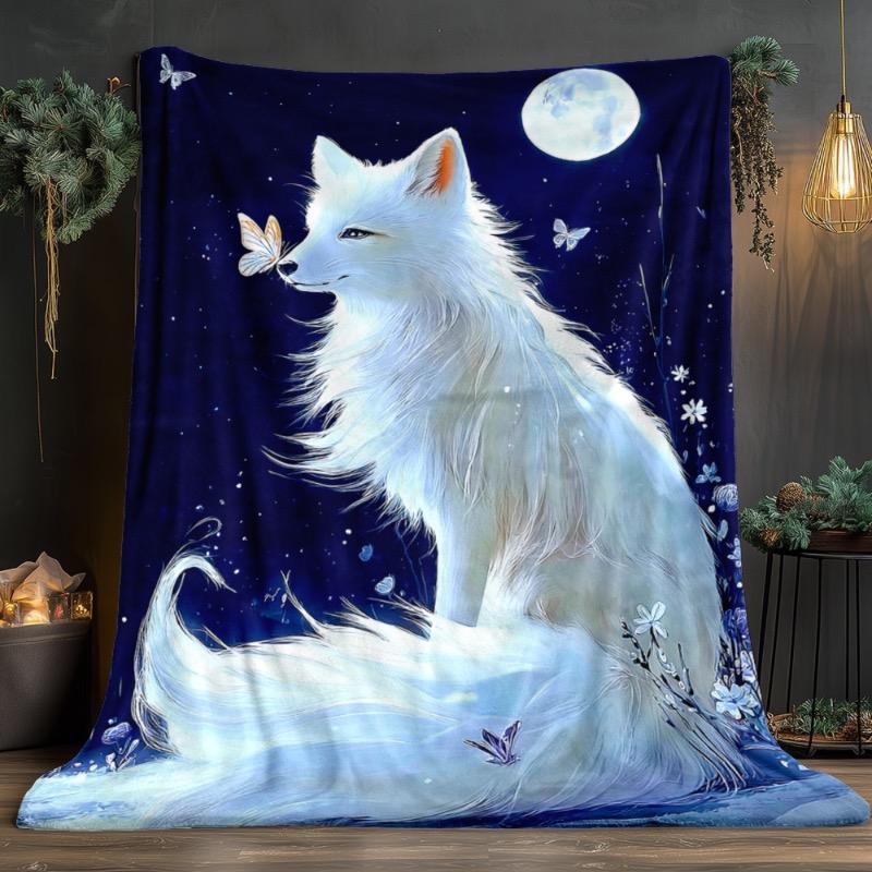 1 шт. Плед «Белый лис под луной» — Роскошный фланелевый мягкий легкий всесезонный плед с принтом «Белый лис и снежинки на ночном небе»