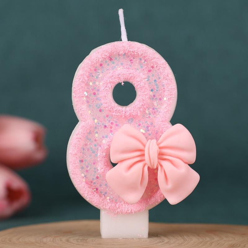 Pink Bow Number Birthday Candle Cake Decoration 1st Year Handmade Birthday Candle 0-9