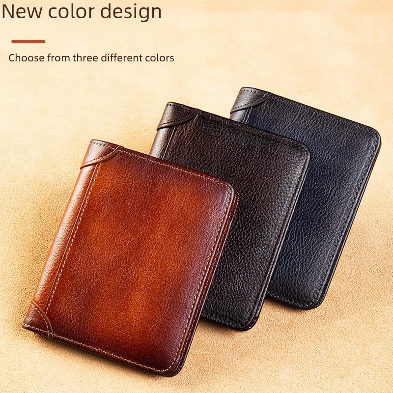 Genuine Leather Ultra-Thin Men's Multi-Function Short Wallet with Driver's License Holder and Anti-Theft Design.