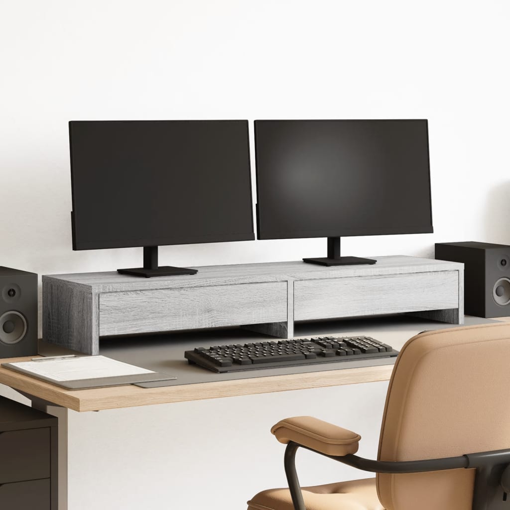 Dual Monitor Stand with Drawers Grey Sonoma 100 x 27 x 15 cm