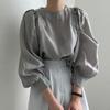 Round Neck Bubble Sleeve Shirt with Early Autumn Temperament Korean Chic French Minimalist Feminine Top Versatile Shirt