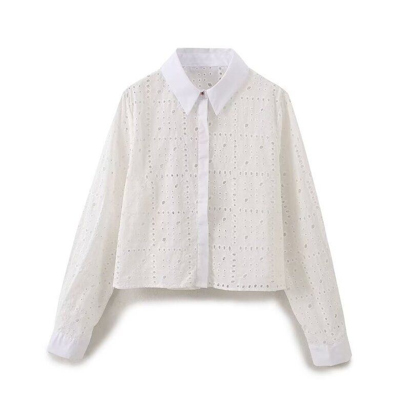 Fashion Summer New Product Women's Clothes Long Sleeves Lapel Loose Casual White Tops Cut Out Embroider Shirt 2859699