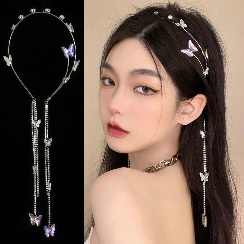 Rhinestone Tassel Pearl Hair Hoop Woman Tiara Butterfly Headband Headband Headdress