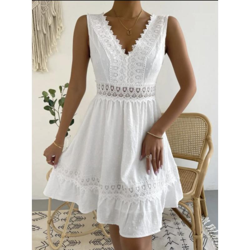 Fashion V-Neck Women Lace Splicing Summer Dress Sexy Backless Casual Elegant A-line Party Short Dresses Female Loose Simple Women's Clothing