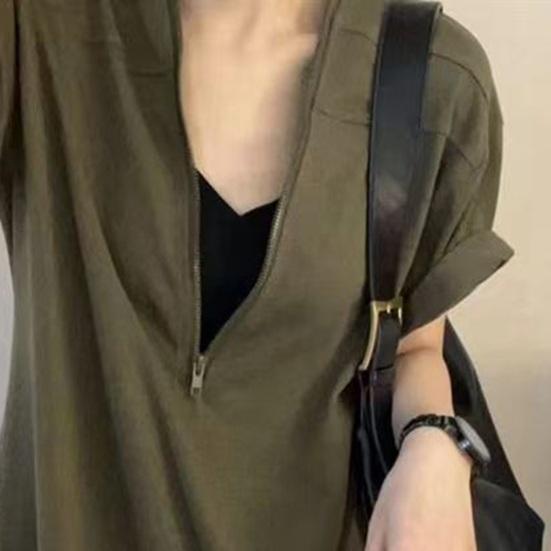 Женское летнее платье-футболка с коротким рукавом, полумолнией, V-образным вырезом, макси-платье, повседневный длинный сарафан с карманами для пляжного отдыха