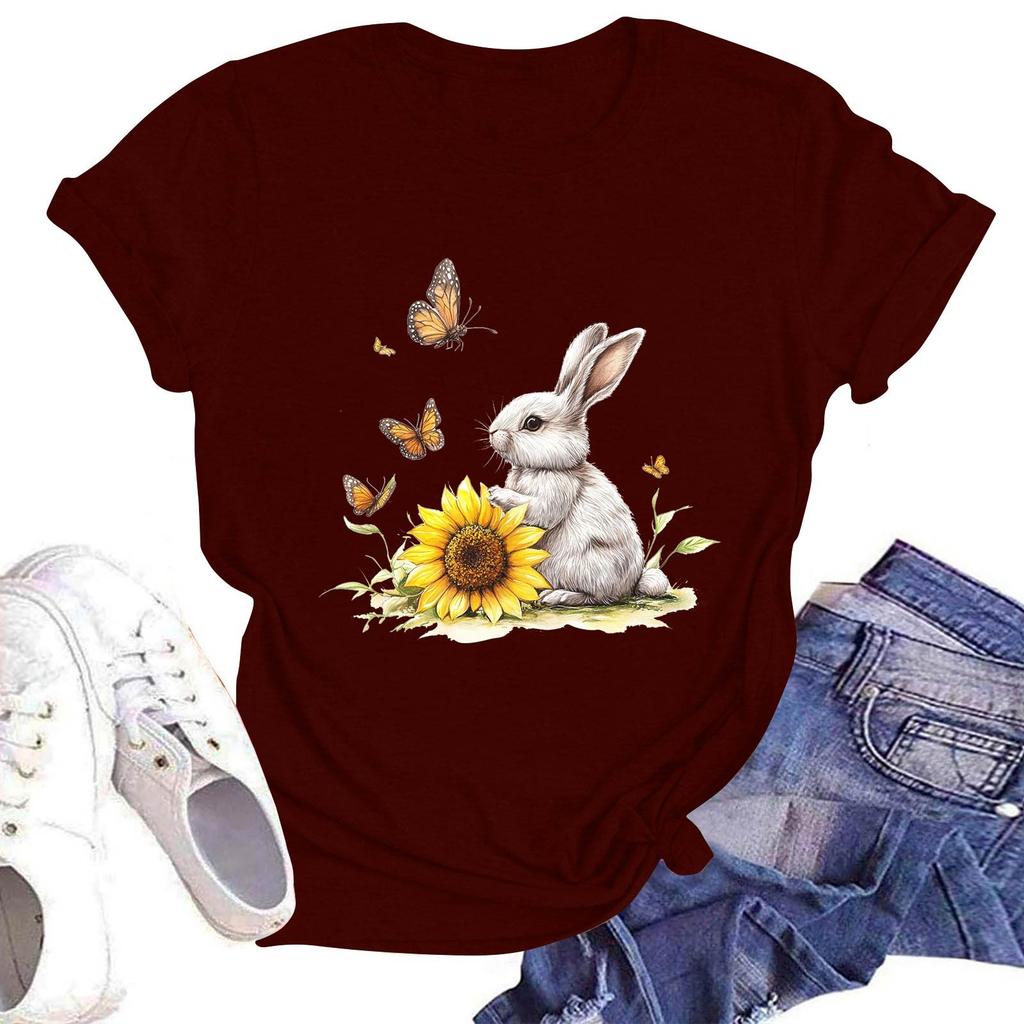 Women's Casual Round Neck Short Sleeve Pullover Printed T-Shirt Top