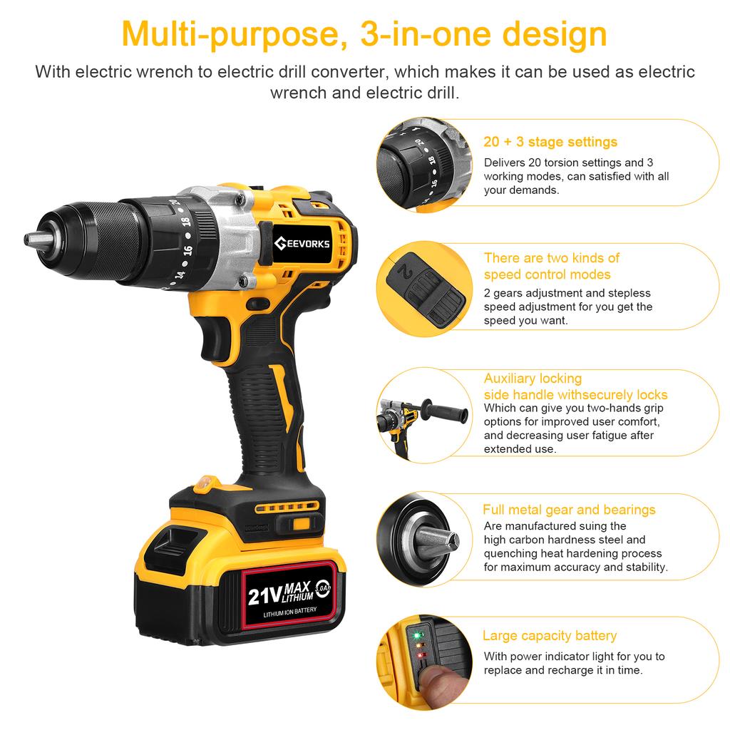 Household 80Nm Multifuctional 21V Electric Drill 2 Speed Control 3 Working Modes Stepless Speed